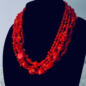 Glass Red Bead 5 Strand 20” Necklace